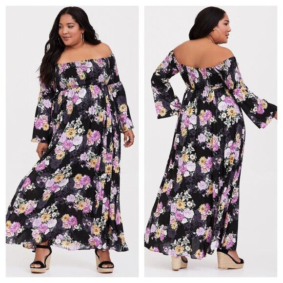 Black Floral Challis Off Shoulder Maxi Dress - Picture 1 of 4